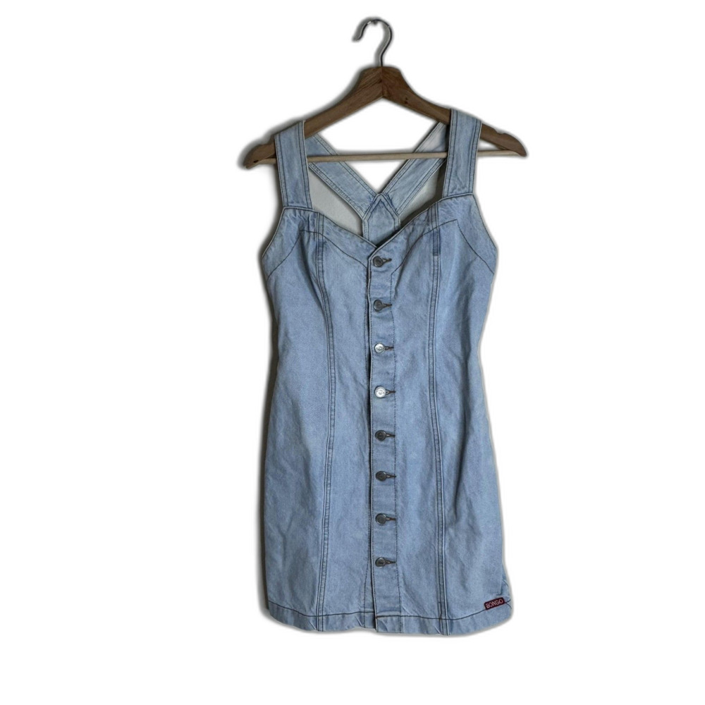 Vintage Bongo Dress Womens 5 Light Wash Denim Button Front Crossback Mini 90s